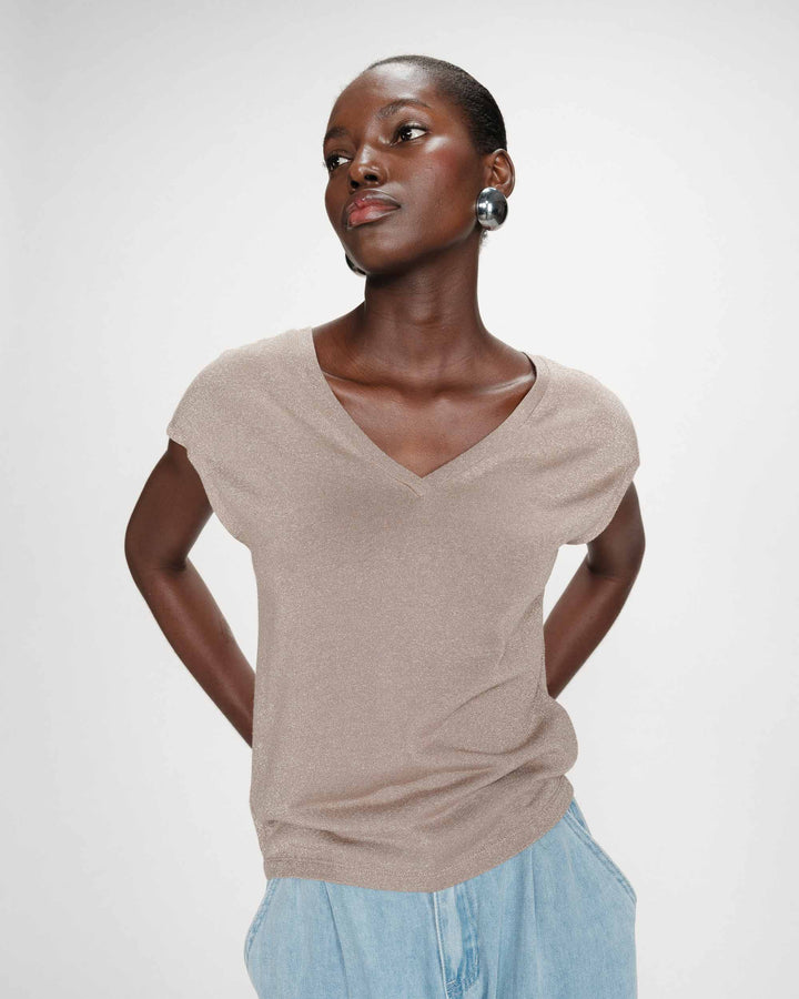 Top col V manches courtes en lurex grege Valsons