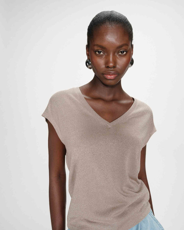 Top col V manches courtes en lurex grege Valsons