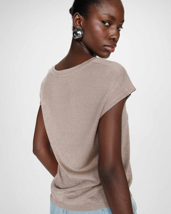Top col V manches courtes en lurex grege Valsons