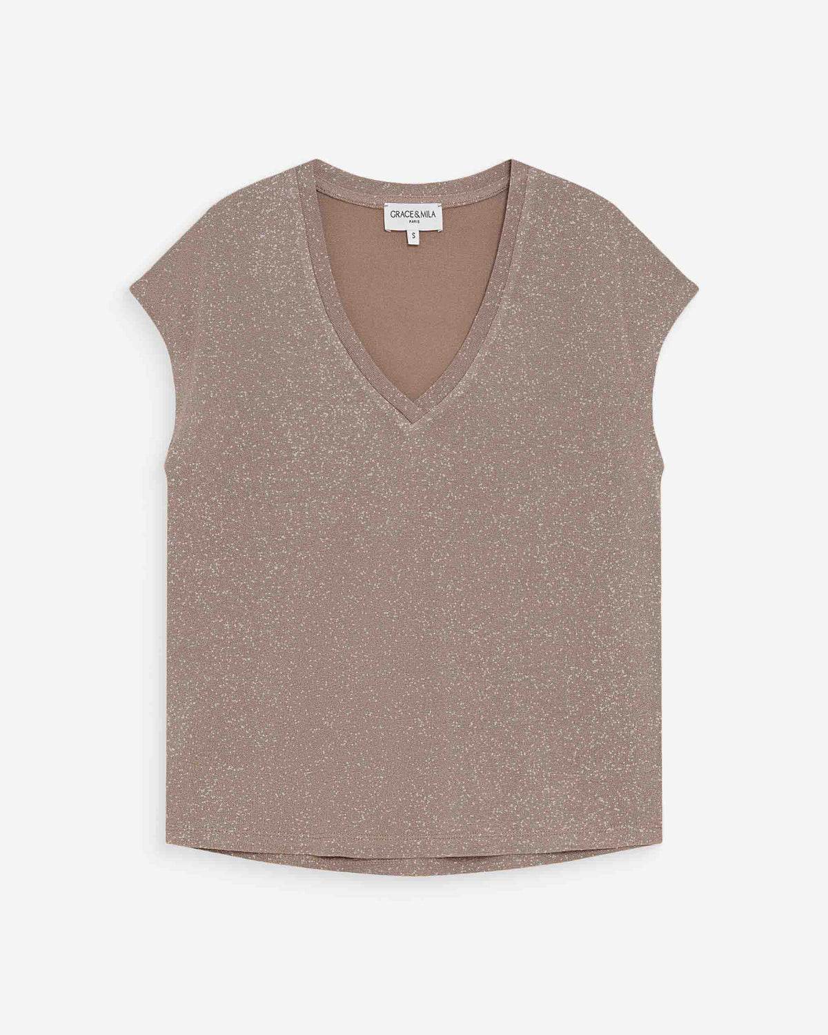 Top col V manches courtes en lurex grege Valsons