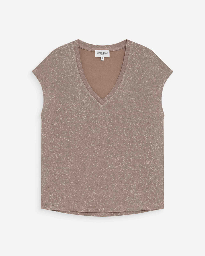 Top col V manches courtes en lurex grege Valsons