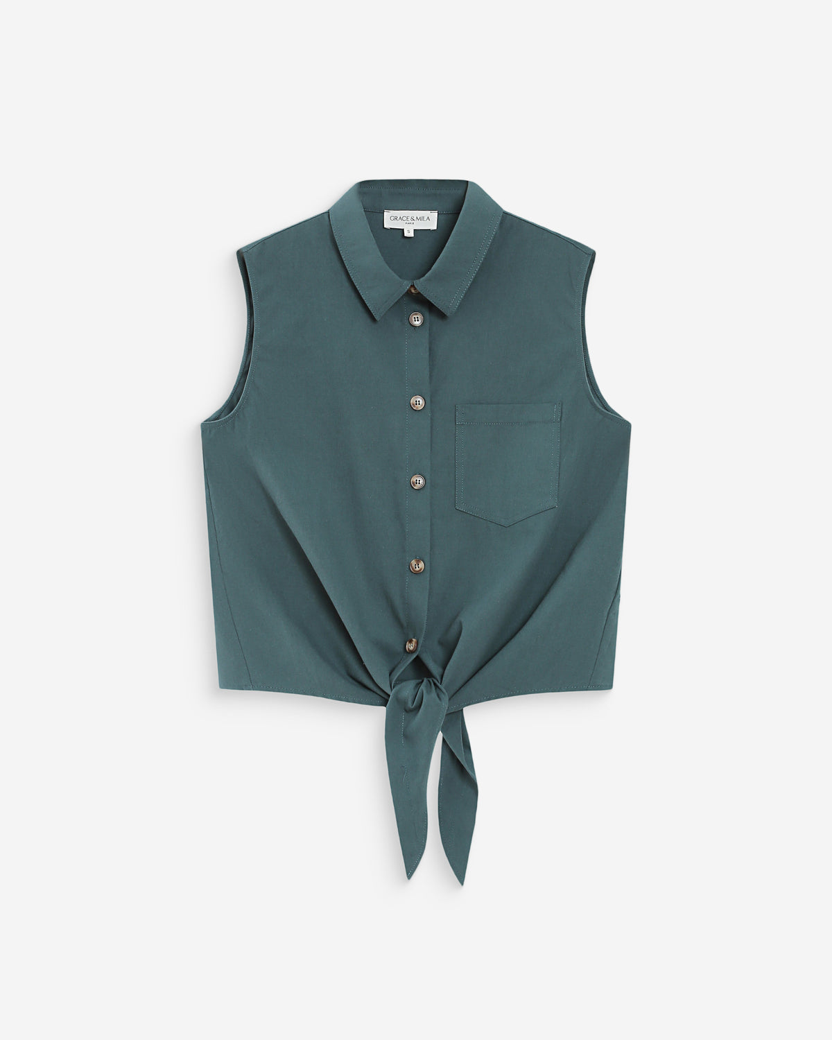 Fitted cotton shirt with tie front emeraude Vero