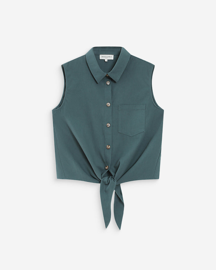 Fitted cotton shirt with tie front emeraude Vero