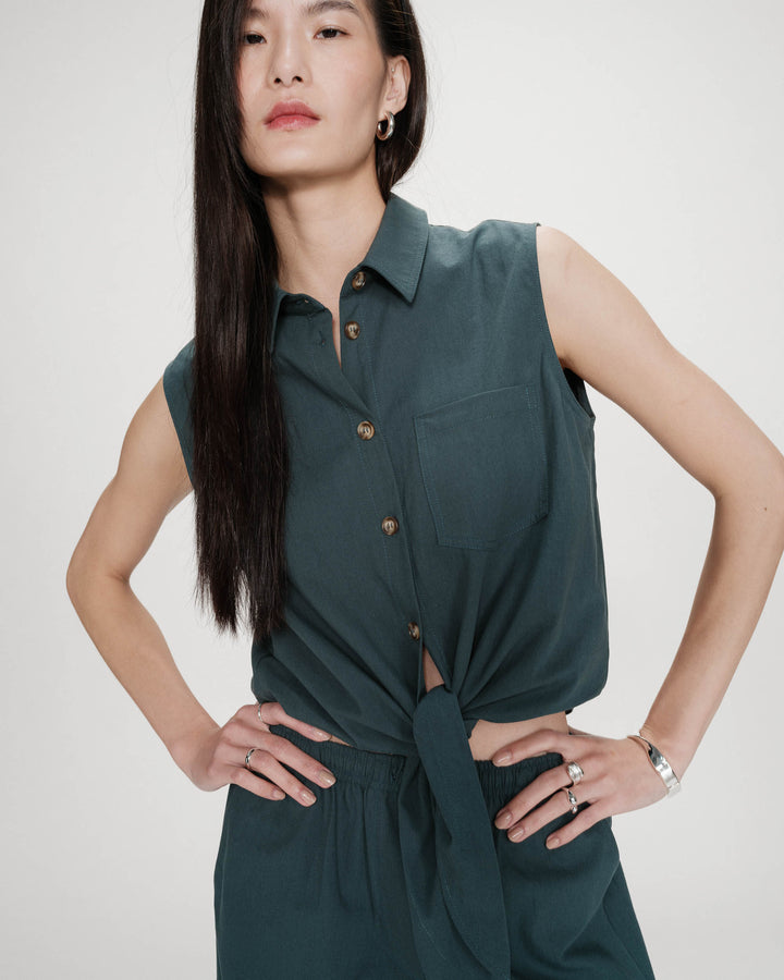 Fitted cotton shirt with tie front emeraude Vero
