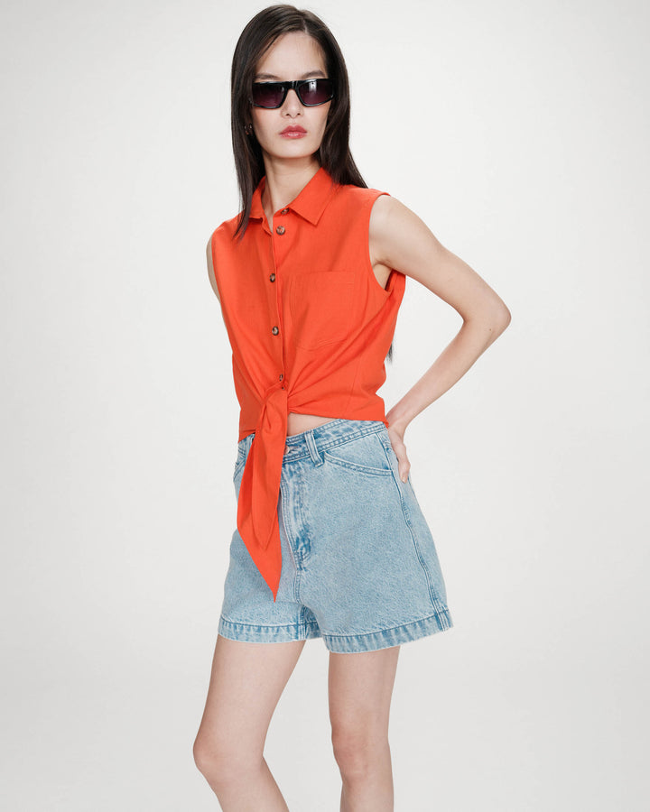 Fitted cotton shirt with tie front sanguine Vero