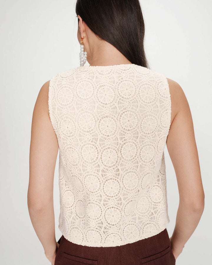 Crochet V-neck top with tie ecru Vony