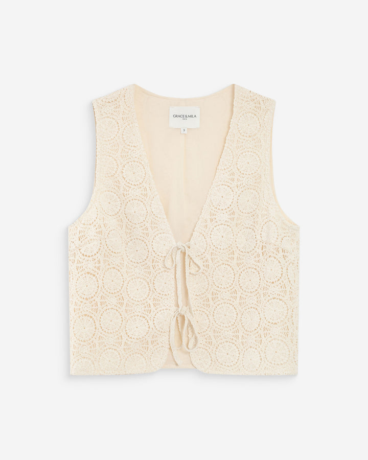 Crochet V-neck top with tie ecru Vony