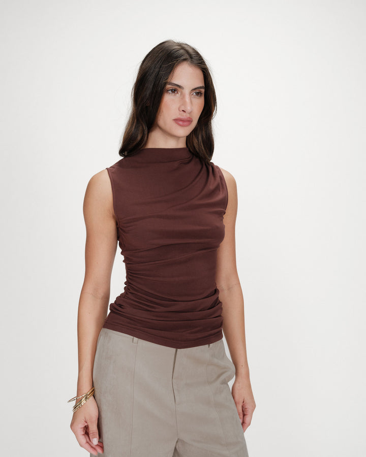 Draped sleeveless high-neck top chocolat Valley