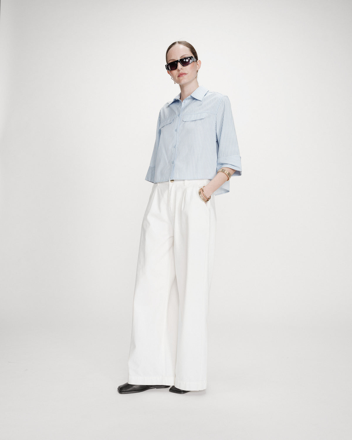 Chemise courte à rayures manches 3/4 ciel Voice