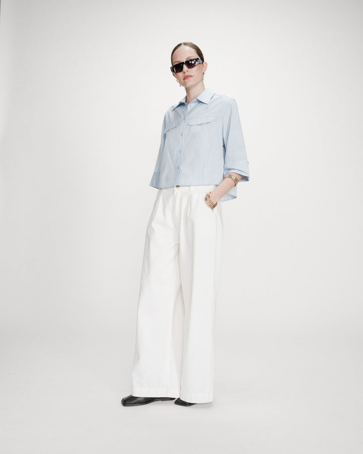 Chemise courte à rayures manches 3/4 ciel Voice