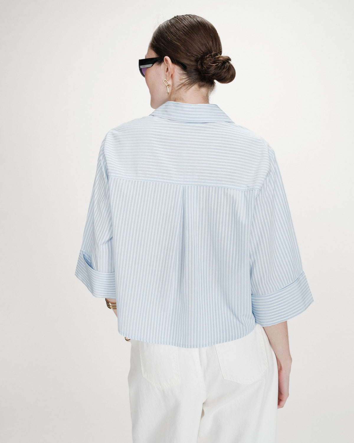 Chemise courte à rayures manches 3/4 ciel Voice