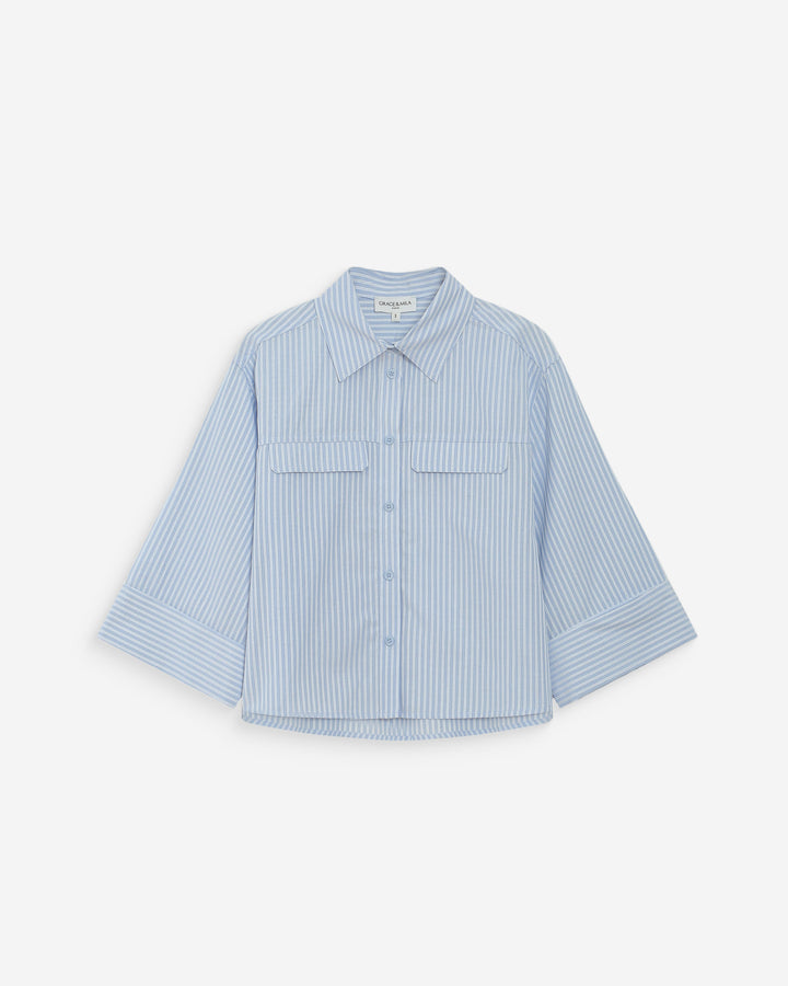 Chemise courte à rayures manches 3/4 ciel Voice