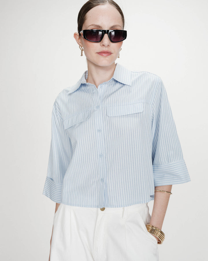 Chemise courte à rayures manches 3/4 ciel Voice