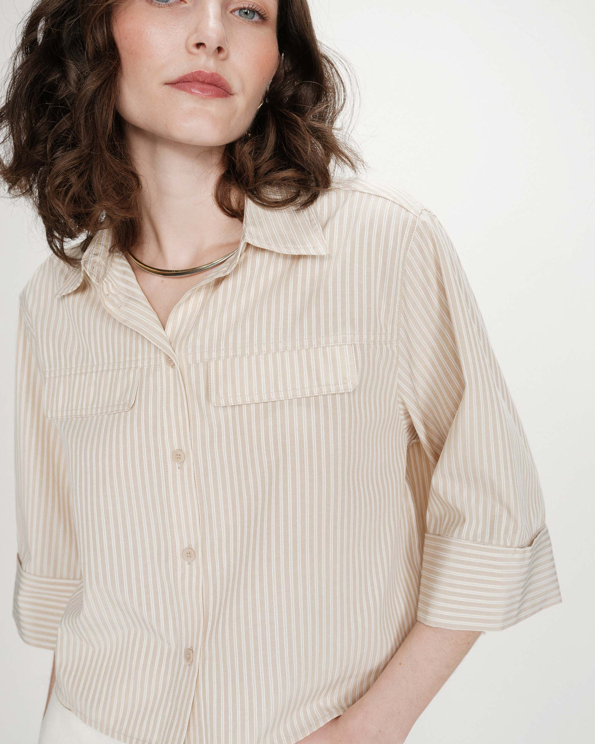 Chemise courte à rayures manches 3/4 sable Voice