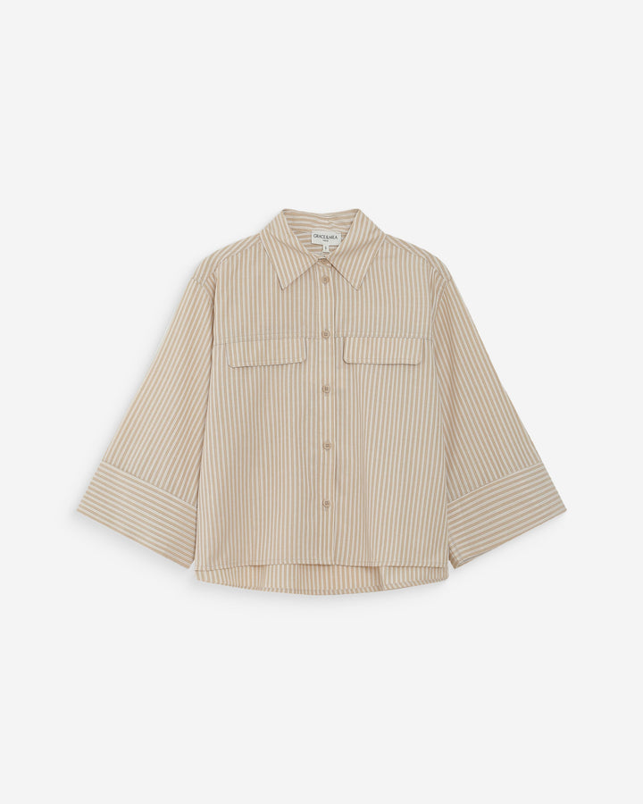 Chemise courte à rayures manches 3/4 sable Voice