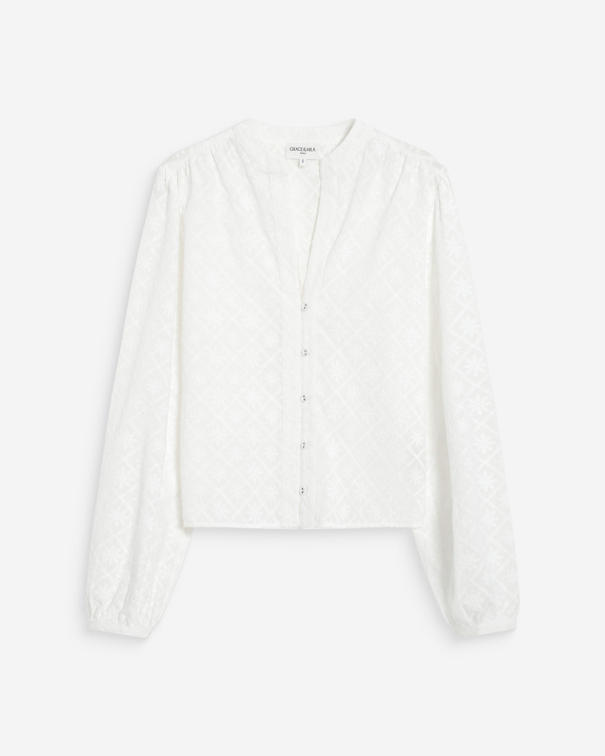 Blouse broderie anglaise col mao en coton ivoire Vandita