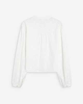 Blouse broderie anglaise col mao en coton ivoire Vandita