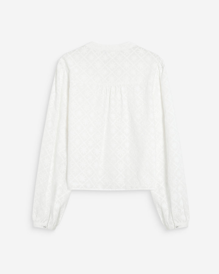 Blouse broderie anglaise col mao en coton ivoire Vandita