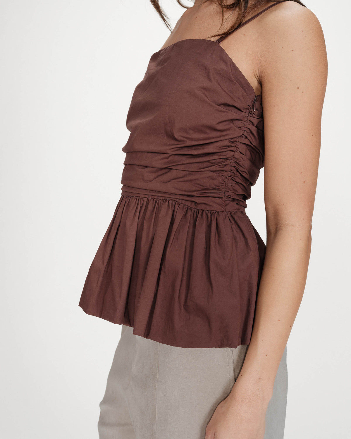 Top péplum bustier à encolure carrée chocolat Valo
