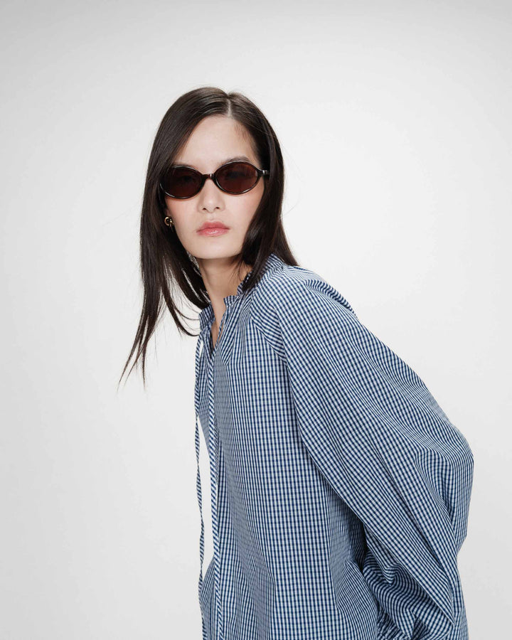Blouse à carreaux en coton col V oversize marine Varry