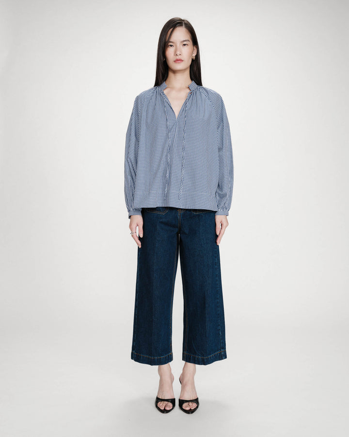 Blouse à carreaux en coton col V oversize marine Varry