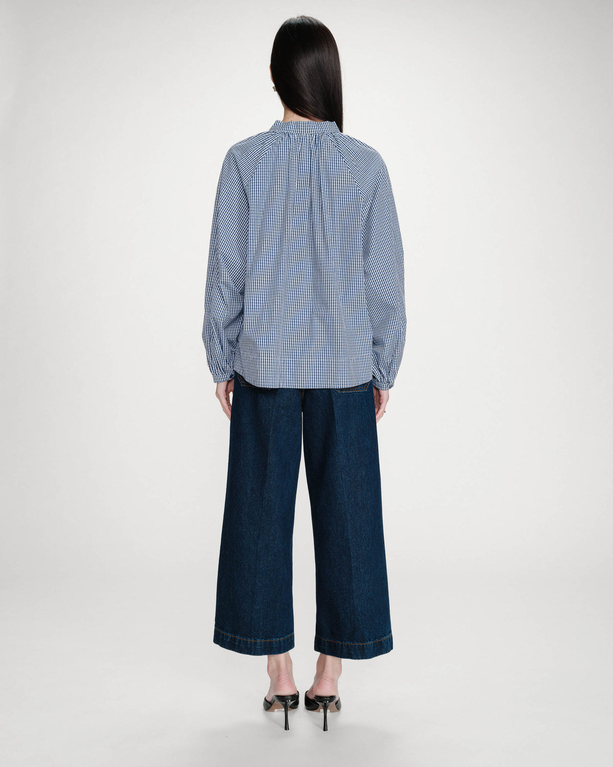 Blouse à carreaux en coton col V oversize marine Varry