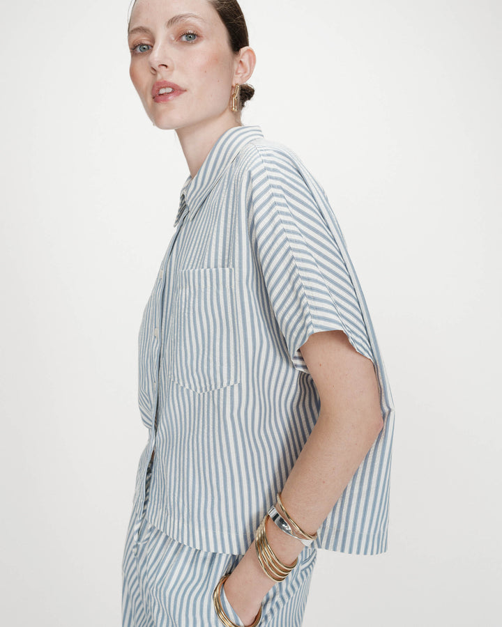 Chemise large à rayures manches courtes bleuet Vercia