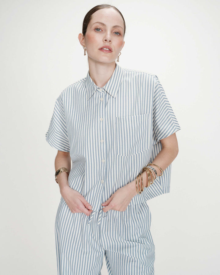 Chemise large à rayures manches courtes bleuet Vercia