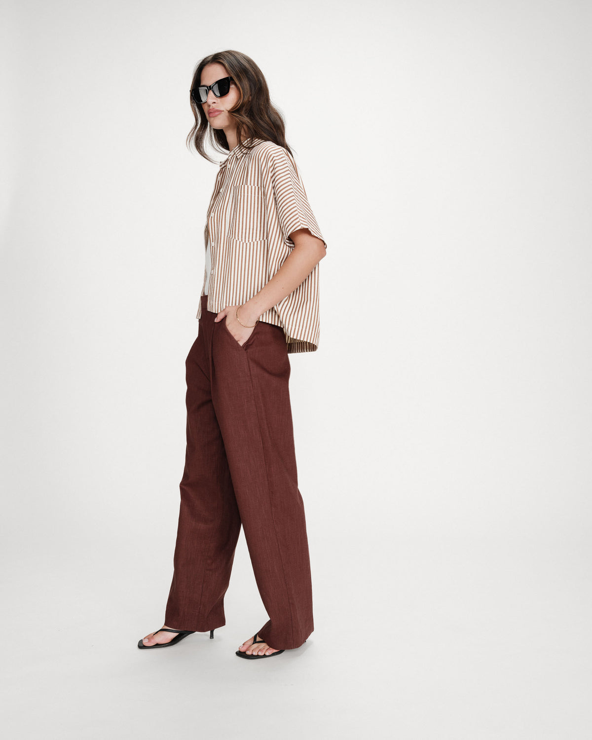 Chemise large à rayures manches courtes mocha Vercia
