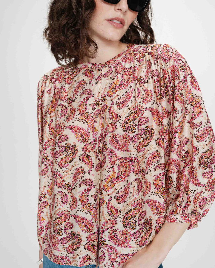 Blouse ample manches bouffantes imprimée florale peche Vezia