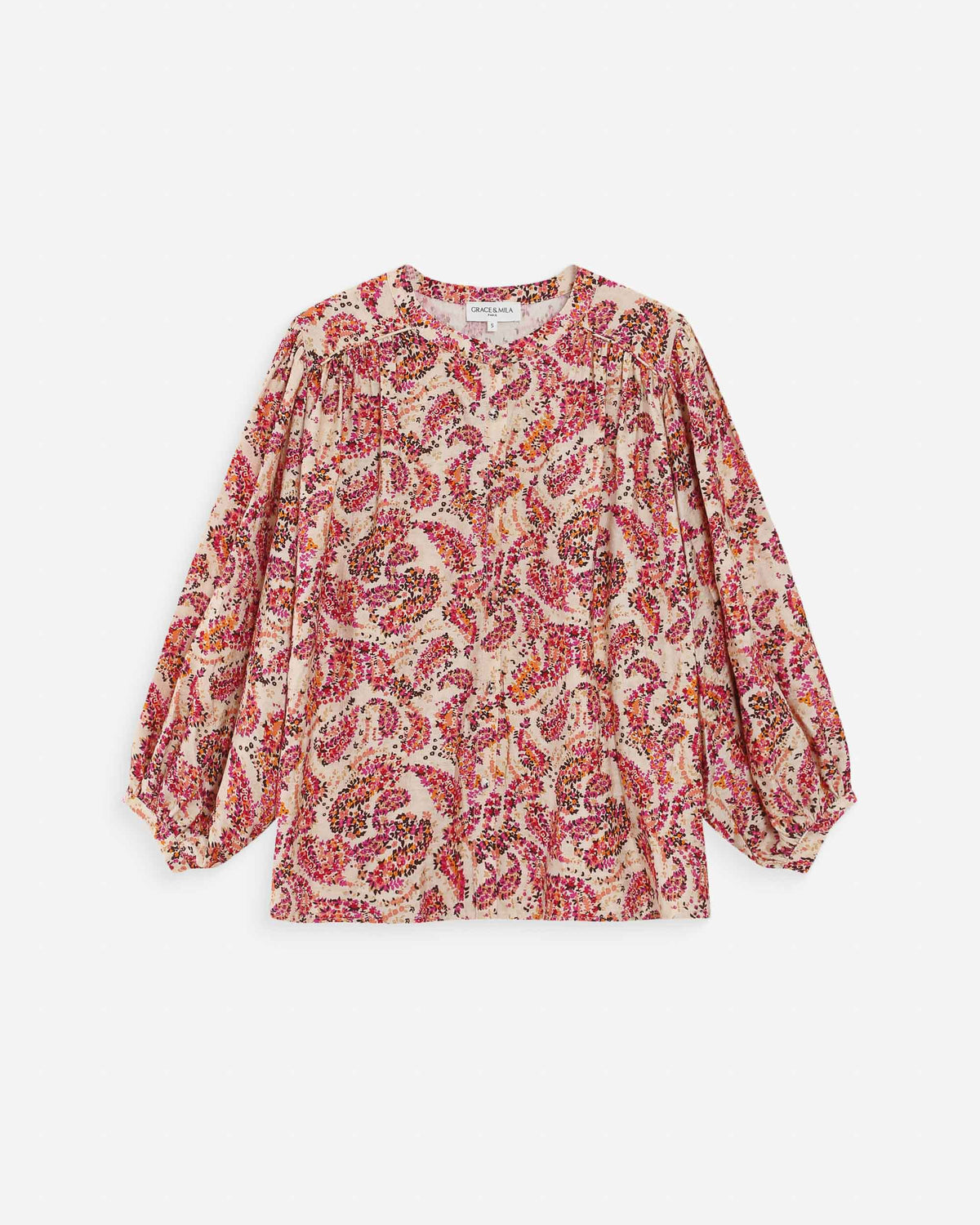 Blouse ample manches bouffantes imprimée florale peche Vezia