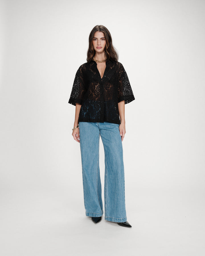 Chemise en dentelle transparente manches 3/4 noir Vendel
