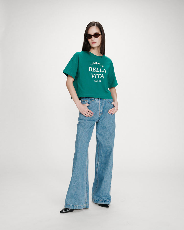 Oversized cotton slogan top vert Voss