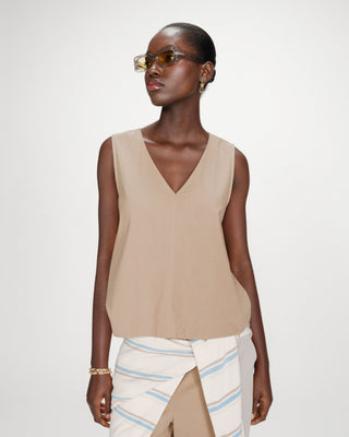 Top en coton sans manches col V sable Vagabond