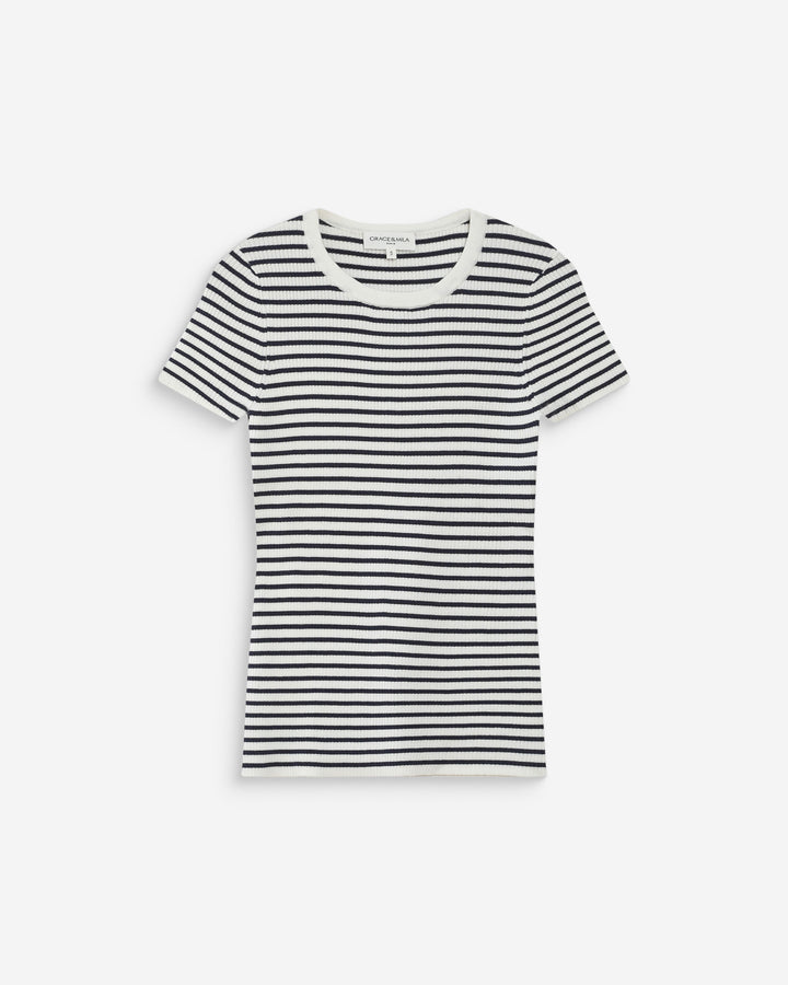 Pull en fine maille ajusté manches courtes marine Vendredi