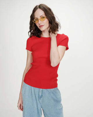 Fitted fine knit short-sleeve sweater rouge Vendredi