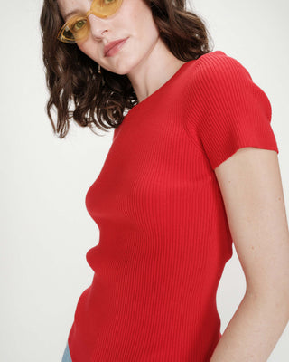 Fitted fine knit short-sleeve sweater rouge Vendredi