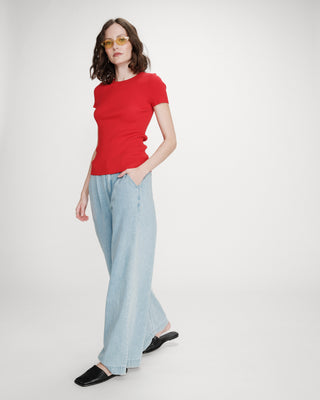 Fitted fine knit short-sleeve sweater rouge Vendredi