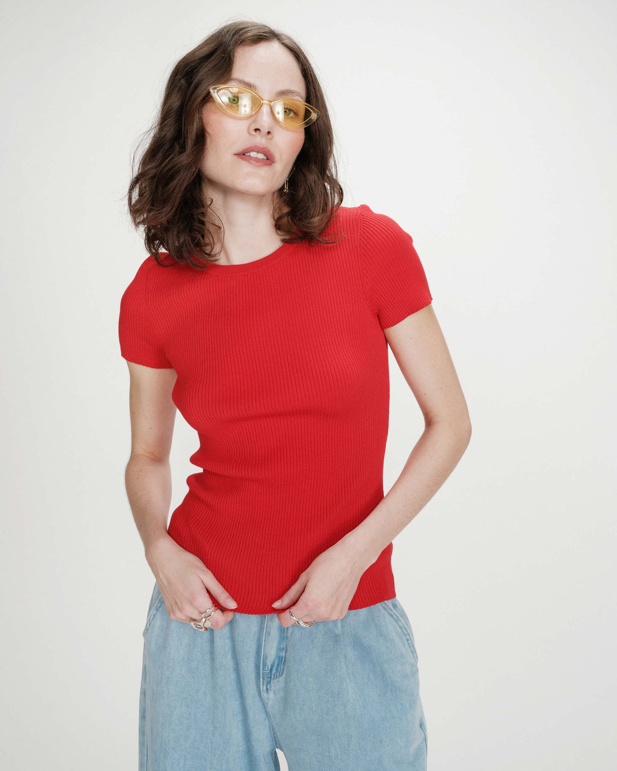 Fitted fine knit short-sleeve sweater rouge Vendredi