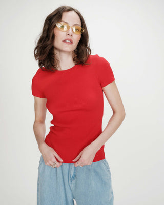 Fitted fine knit short-sleeve sweater rouge Vendredi