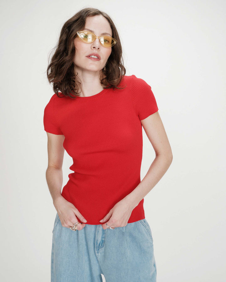 Fitted fine knit short-sleeve sweater rouge Vendredi