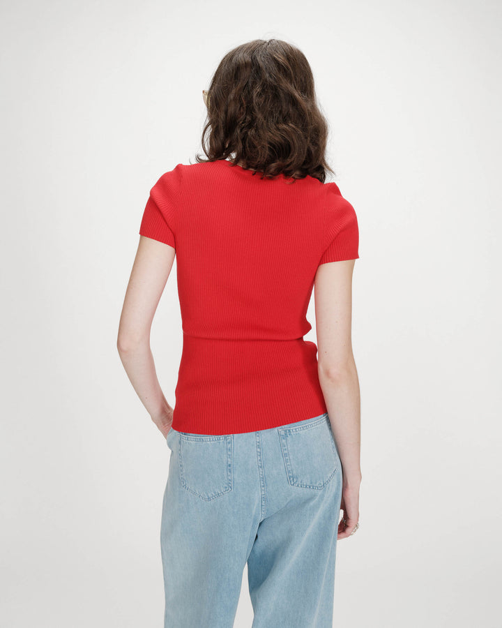 Fitted fine knit short-sleeve sweater rouge Vendredi