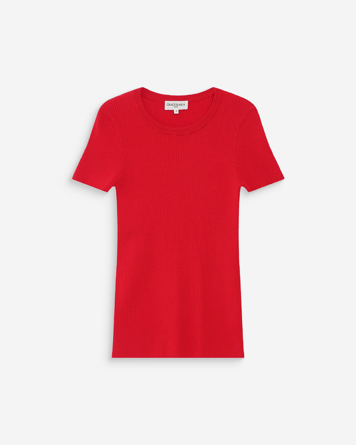 Fitted fine knit short-sleeve sweater rouge Vendredi
