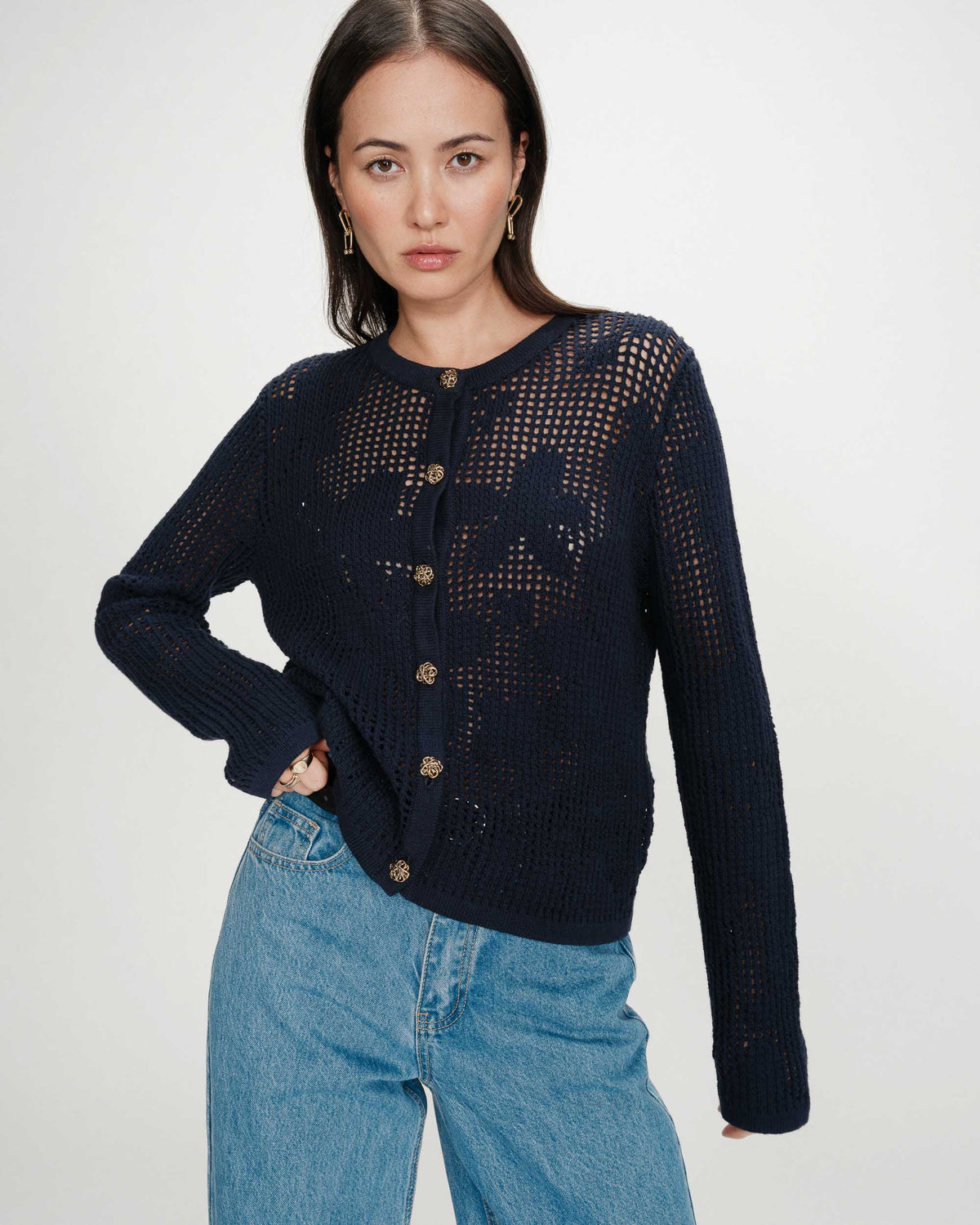 Openwork knit long-sleeve cardigan marine Velasquez