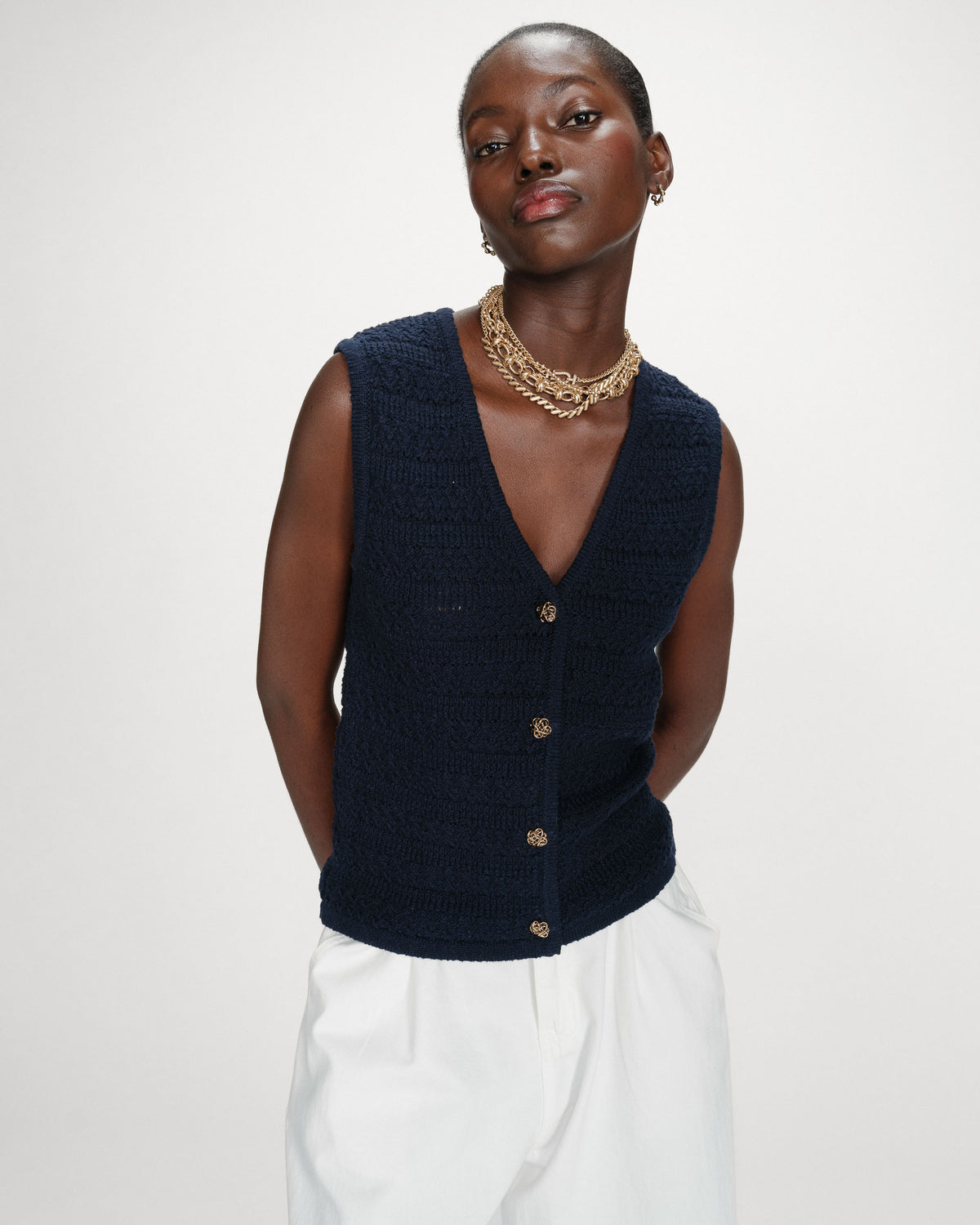 Gilet en maille sans manches col V marine Vincennes