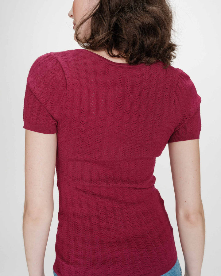 Pull ajusté à fronces manches courtes col V pivoine Velyor
