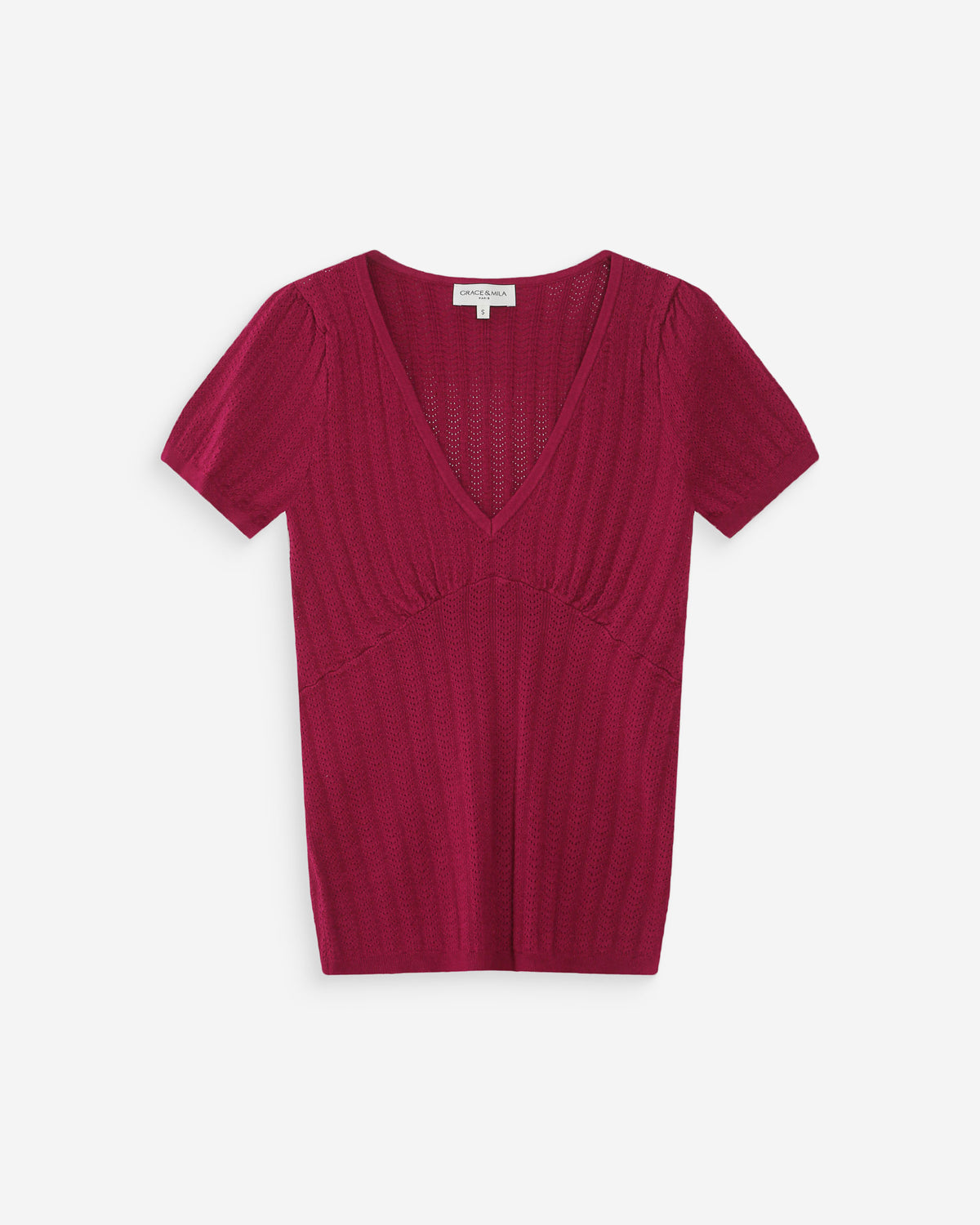 Pull ajusté à fronces manches courtes col V pivoine Velyor