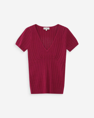 Pull ajusté à fronces manches courtes col V pivoine Velyor