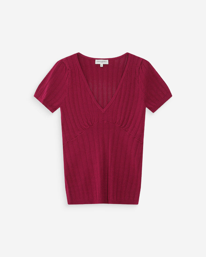 Pull ajusté à fronces manches courtes col V pivoine Velyor