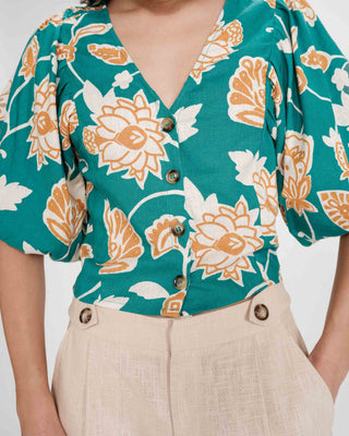 Top en lin imprimé floral col V vert Vahe